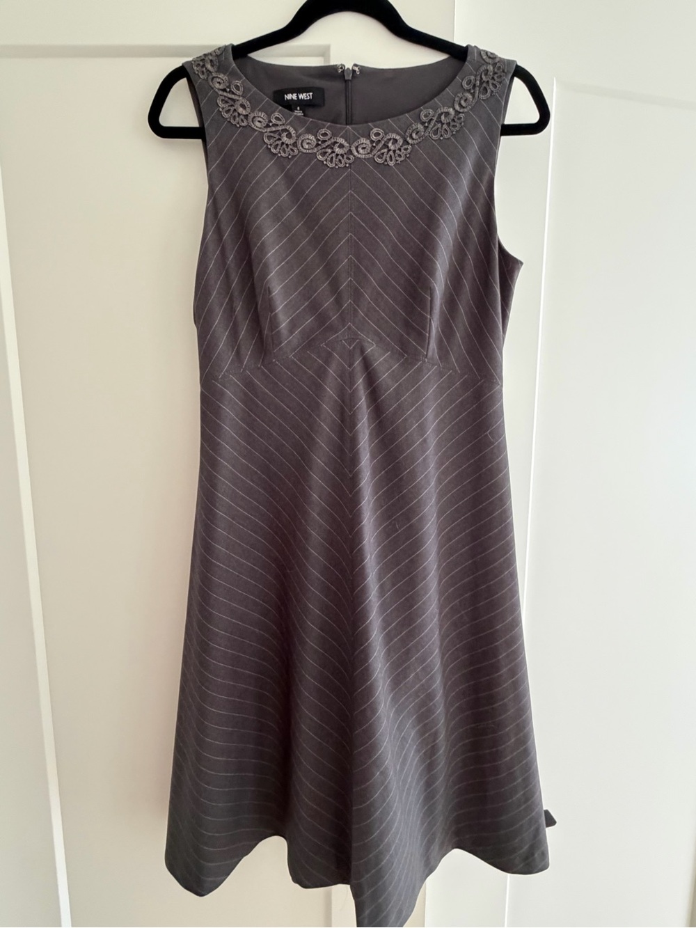 Nine West Gray Beaded-Neck Chevron Midi Dress